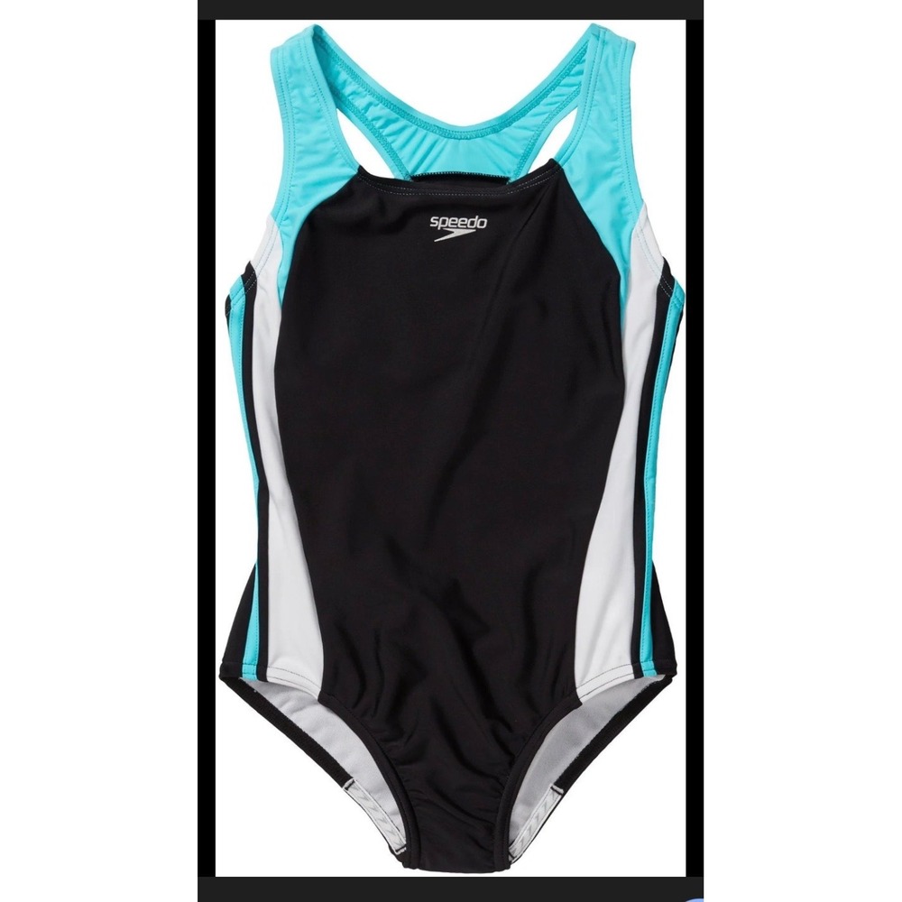 Speedo One Piece Swimsuit Kids Size 7 Black Teal White Good Racerback Sporty